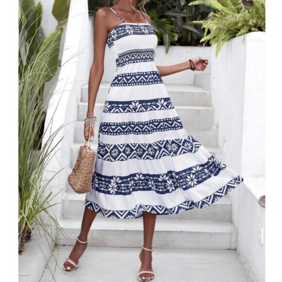 Boho Geo Print Ruffle Hem Cami Dress White Blue - Picture 2 of 3